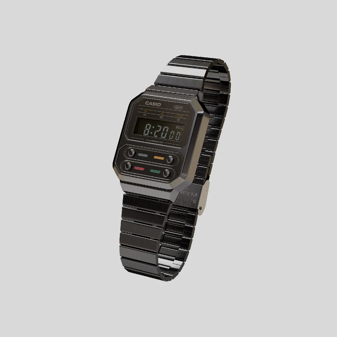 Photorealistic CGI render of a Casio A100WE vintage digital watch
