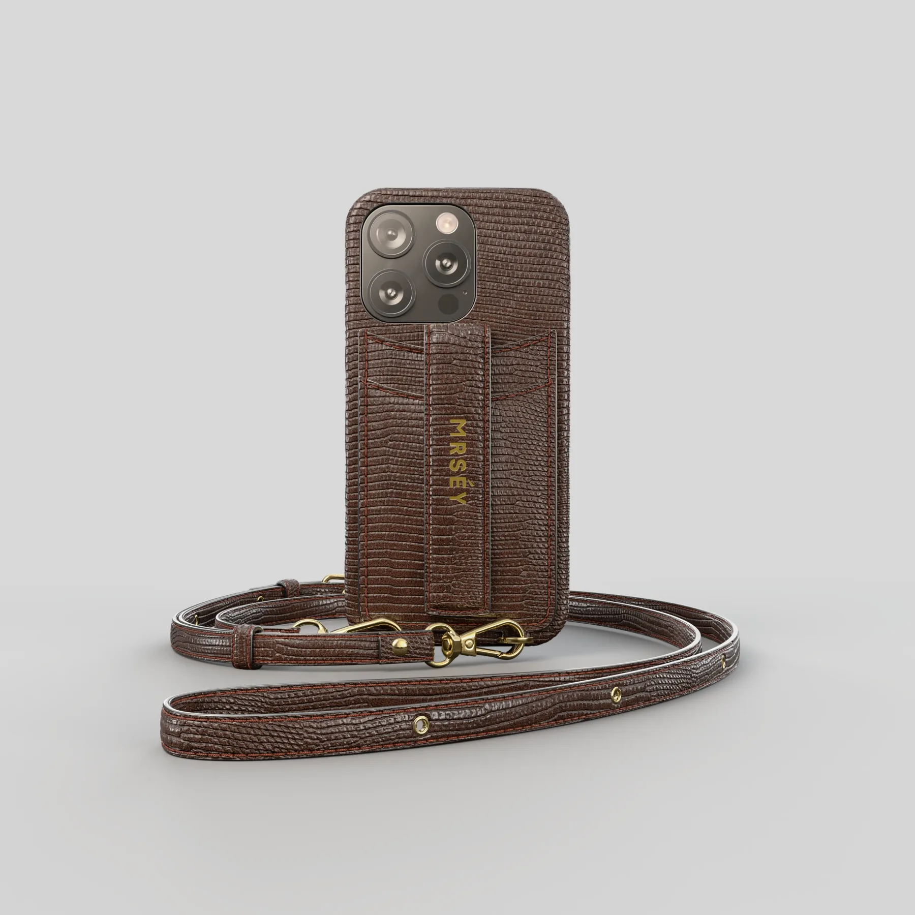 MRSÉY leather iPhone case with crossbody strap, CGI product render