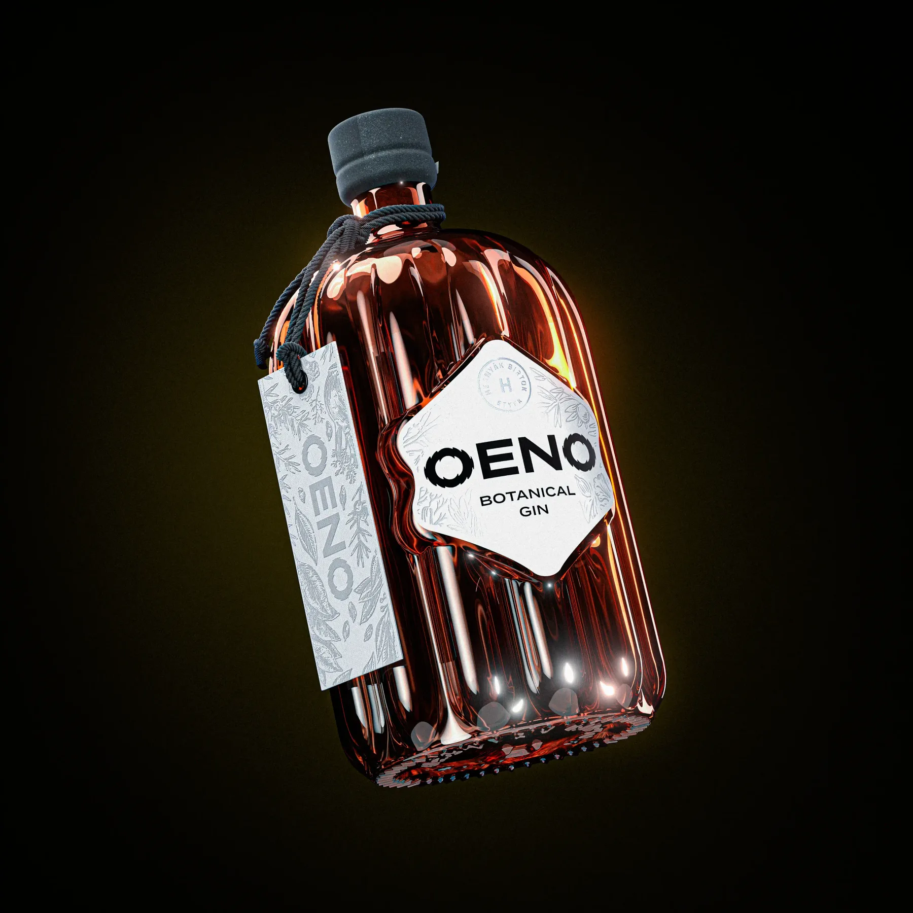 OENO botanical gin bottle, dramatic CGI hero shot